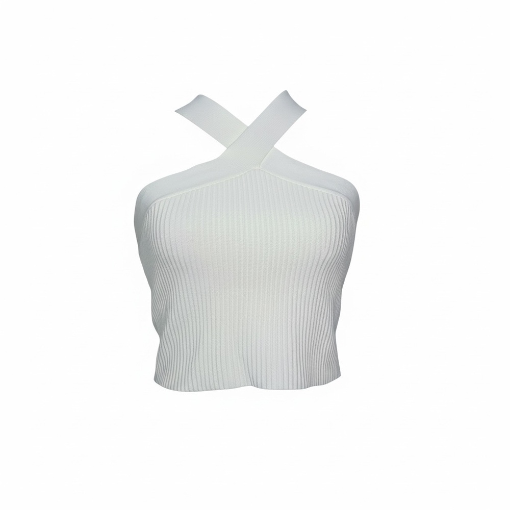 Debut Ribbed Cross-Neck Crop Top - White Romantic Size Small Milkmaid